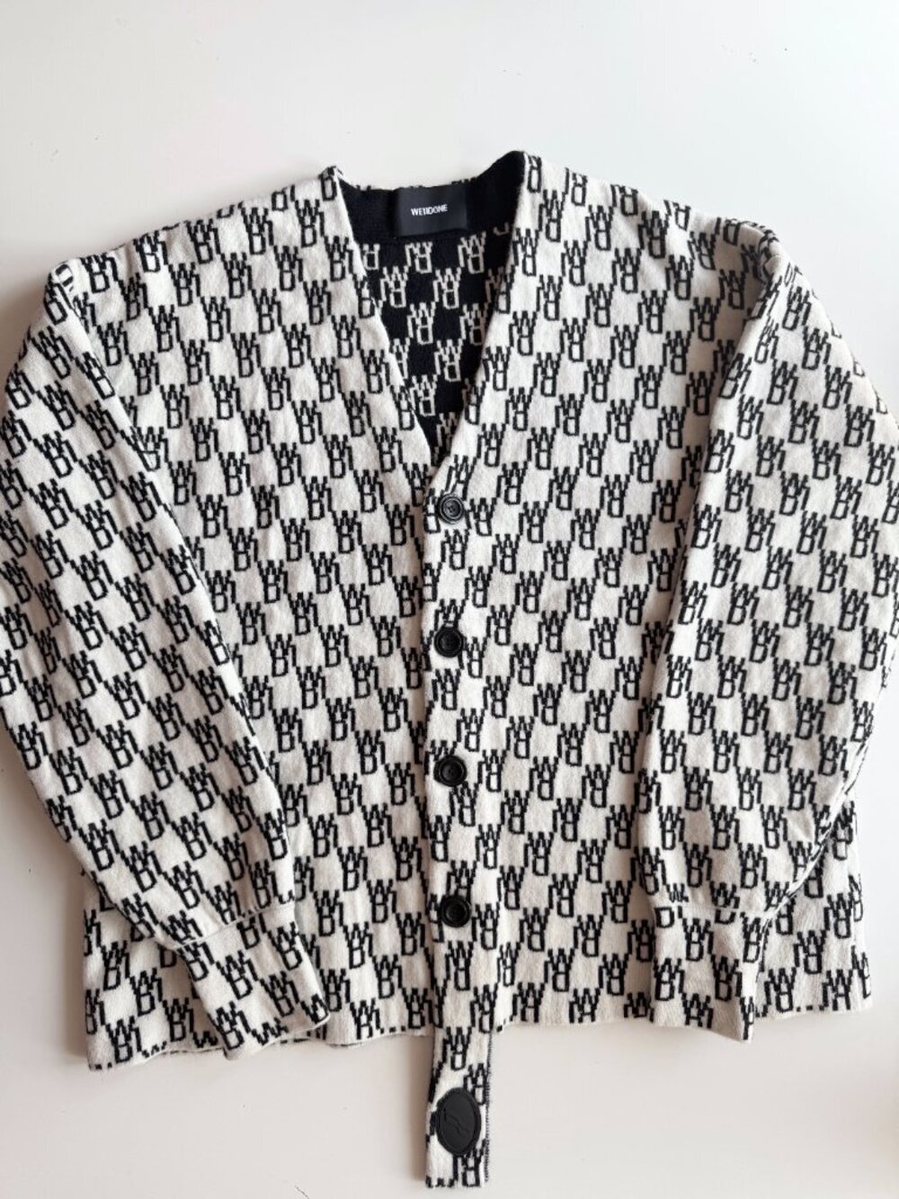 WE11DONE WD1 White Black Logo Wool Cashmere Jacquard Cardigan Sweater, Size S - Picture 5 of 16